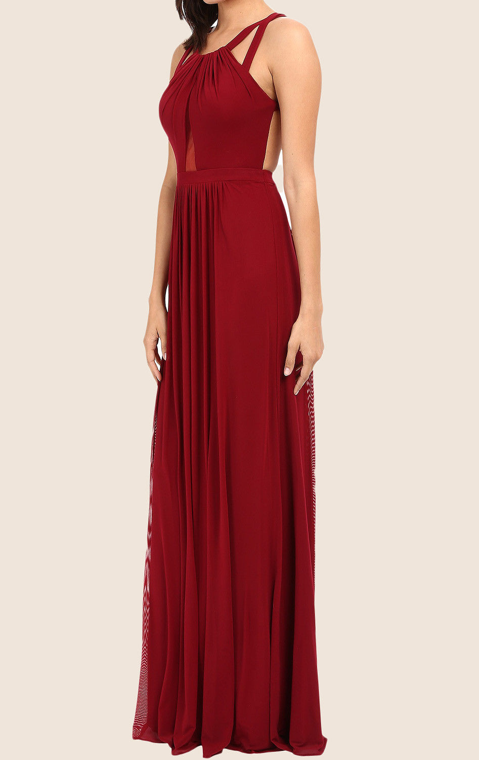 MACloth Neckholder Chiffon Langes Ballkleid mit offenem Rücken Burgunderrot Abendkleid