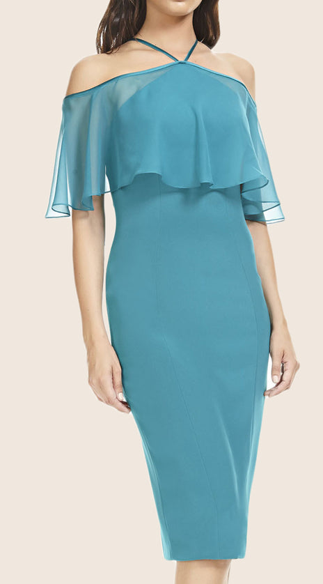 MACloth Off the Shoulder Sheath Cocktail Dress Turquoise Midi Formal Gown