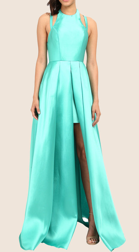 MACloth Halter High Low Taffeta Prom Dress Turquoise Formal Gown