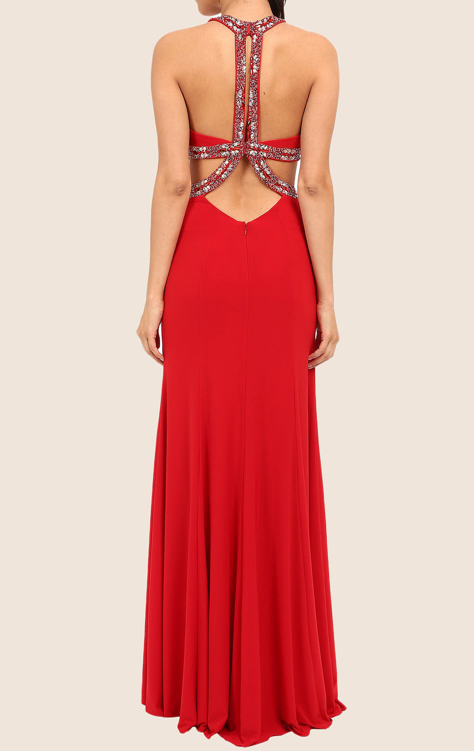 Vestido de fiesta largo de jersey con escote halter y abertura en color rojo de MACloth