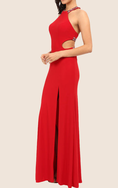 MACloth Halter Sheath Jersey Maxi Prom Dress Red Formal Gown with Slit