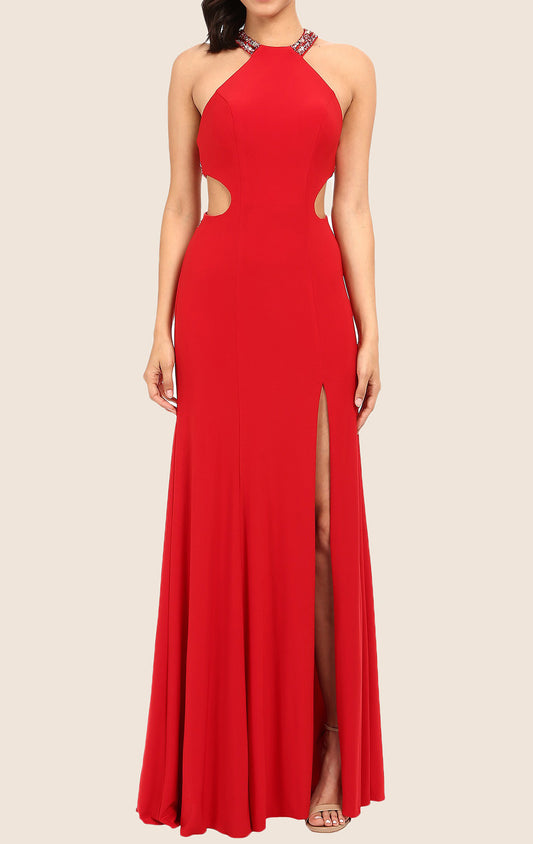 MACloth Halter Sheath Jersey Maxi Prom Dress Red Formal Gown with Slit