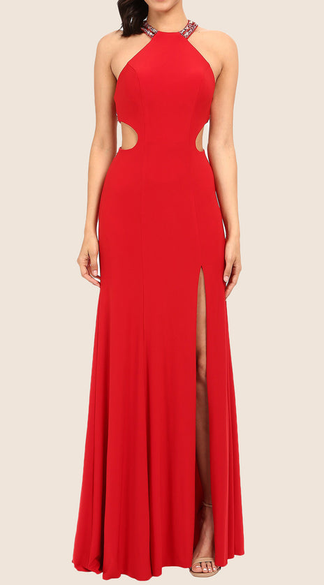 MACloth Halter Sheath Jersey Maxi Prom Dress Red Formal Gown with Slit