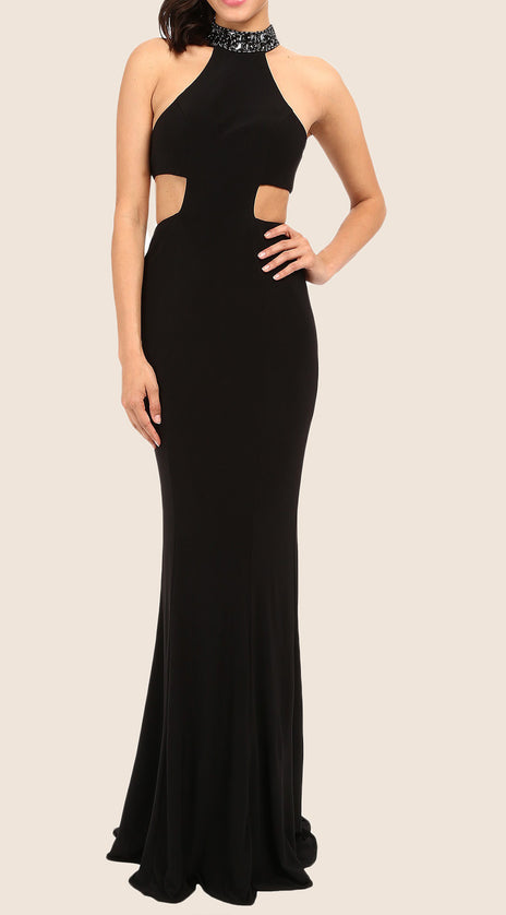 MACloth Mermaid Halter Jersey Maxi Prom Dress Black Formal Gown
