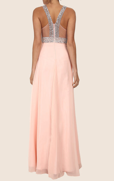 MACloth Straps V Neck Crystals Chiffon Maxi Prom Dress Peach Formal Gown