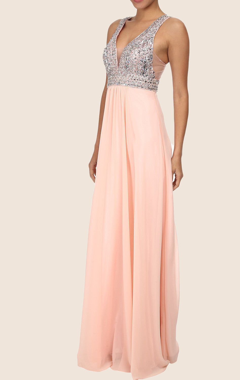 MACloth Träger V-Ausschnitt Kristalle Chiffon Maxi Ballkleid Pfirsich Abendkleid