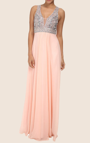 MACloth Straps V Neck Crystals Chiffon Maxi Prom Dress Peach Formal Gown