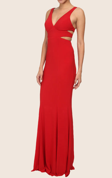 MACloth Straps V Neck Sheath Maxi Prom Dress Red Jersey Formal Gown