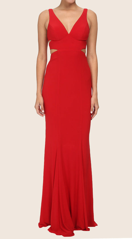 MACloth Straps V Neck Sheath Maxi Prom Dress Red Jersey Formal Gown