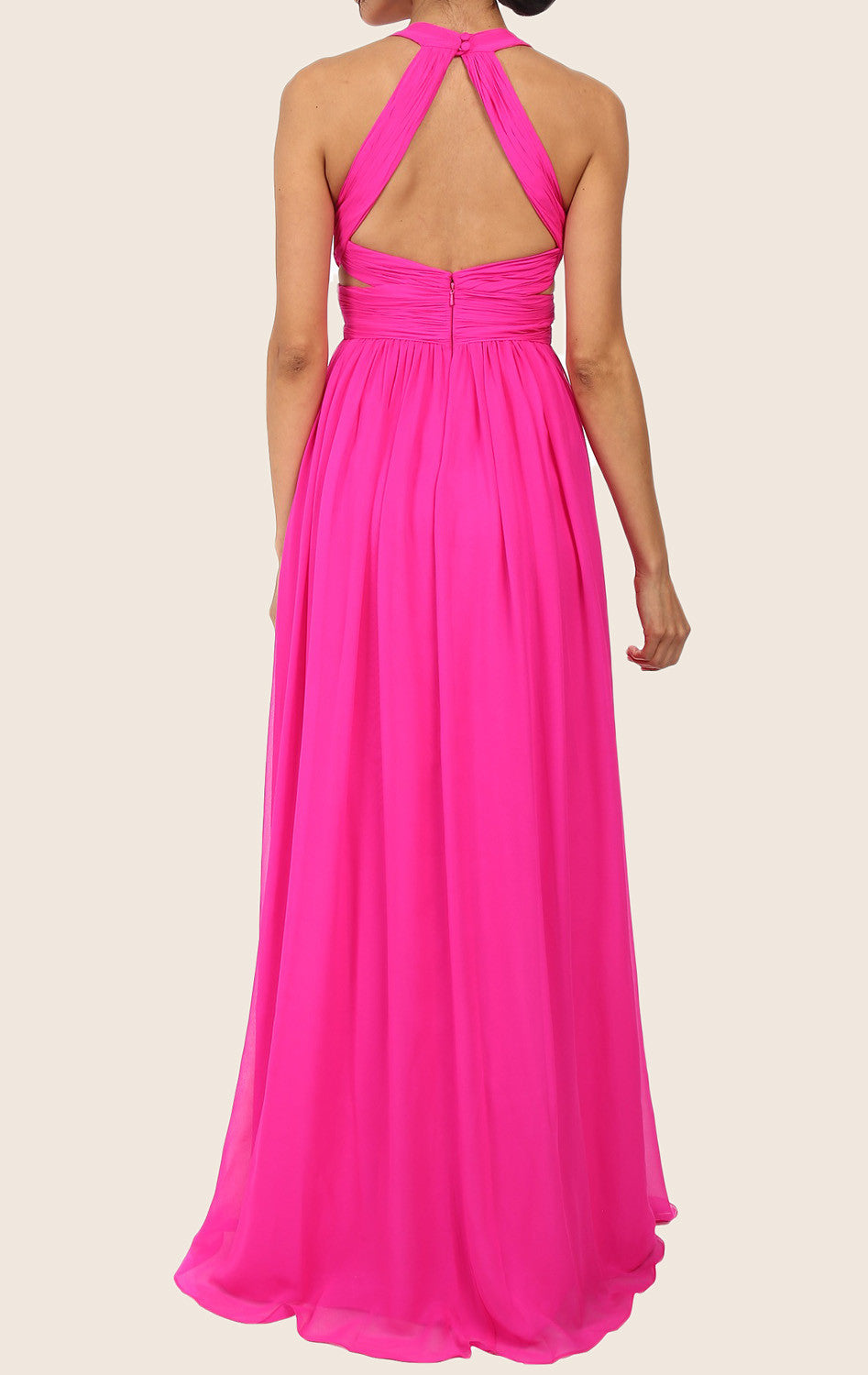 MACloth Straps V Neck Chiffon Maxi Prom Dress Fuchsia Formal Gown