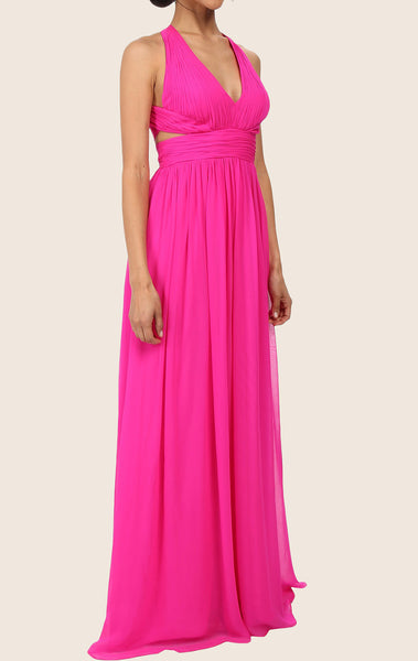 MACloth Straps V Neck Chiffon Maxi Prom Dress Fuchsia Formal Gown