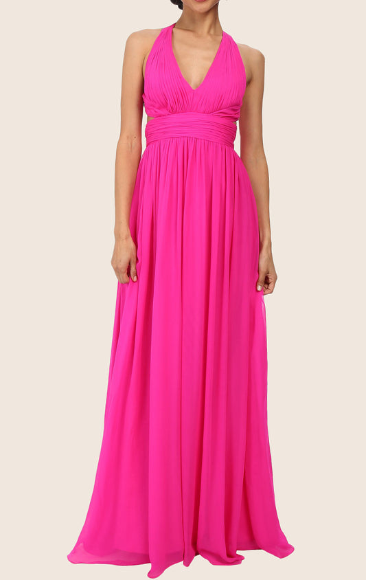 Vestido de fiesta largo de gasa con escote en V y tirantes MACloth, vestido formal fucsia