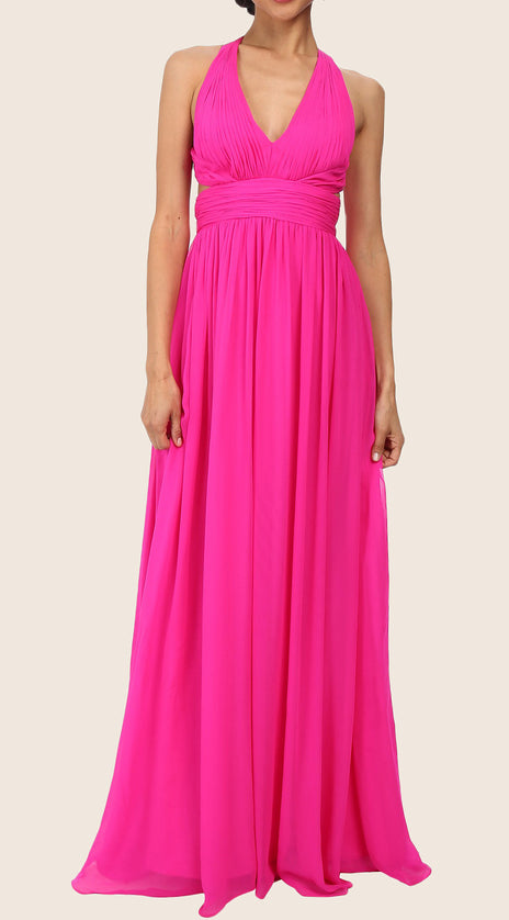 MACloth Straps V Neck Chiffon Maxi Prom Dress Fuchsia Formal Gown