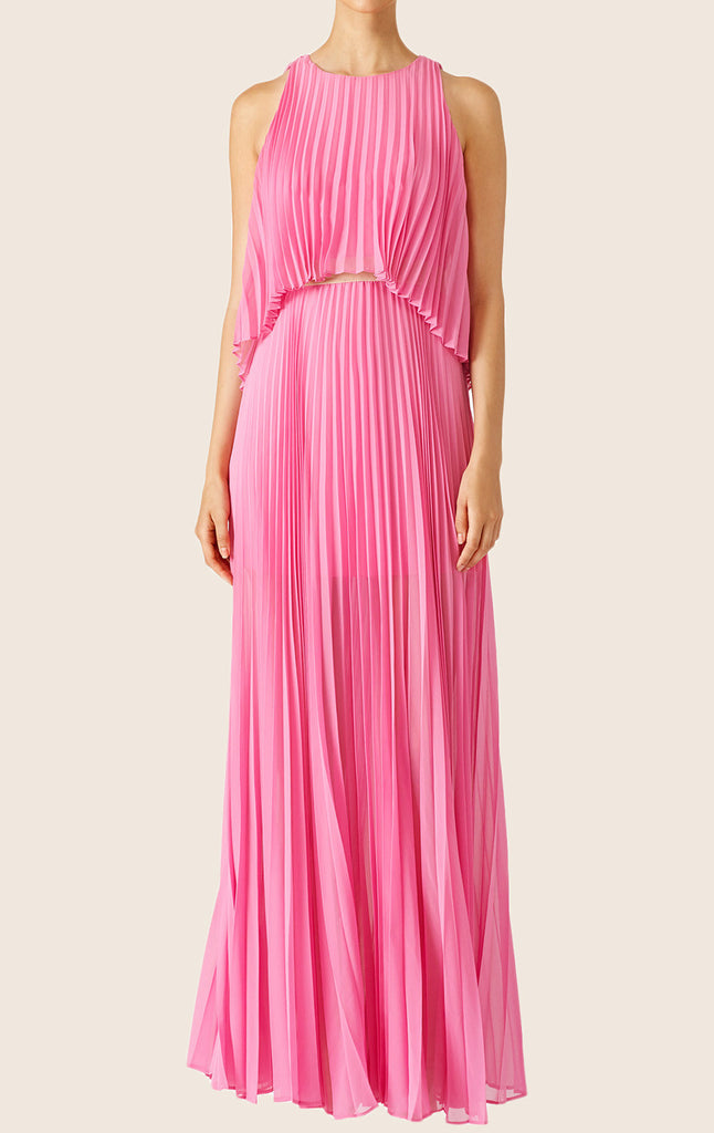MACloth O Neck Tiered Chiffon Maxi Prom Dress Pink Formal Party Gown
