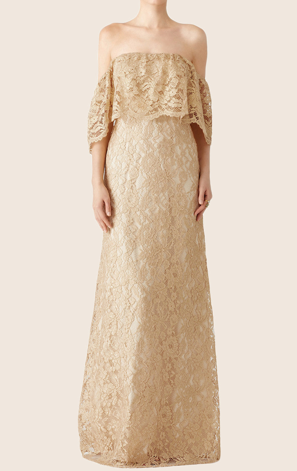 Vestido largo de fiesta con encaje y hombros descubiertos de MACloth, vestido formal color champán para fiesta