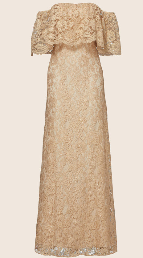 MACloth Off the Shoulder Lace Maxi Prom Dress Champagne Formal Party Gown