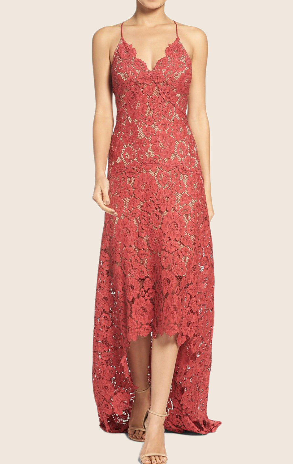 MACloth Spaghetti Straps High Low Lace Prom Dress Formal Party Dress