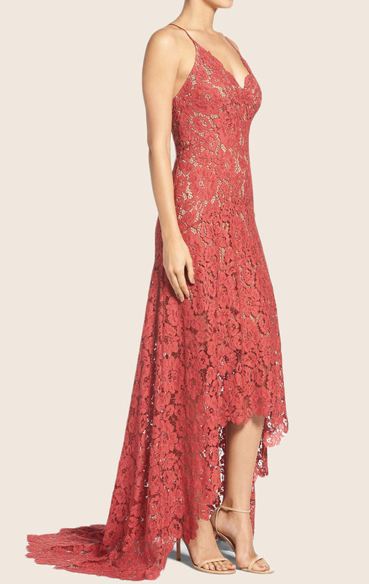 MACloth Spaghetti Straps High Low Lace Prom Dress Formal Party Dress