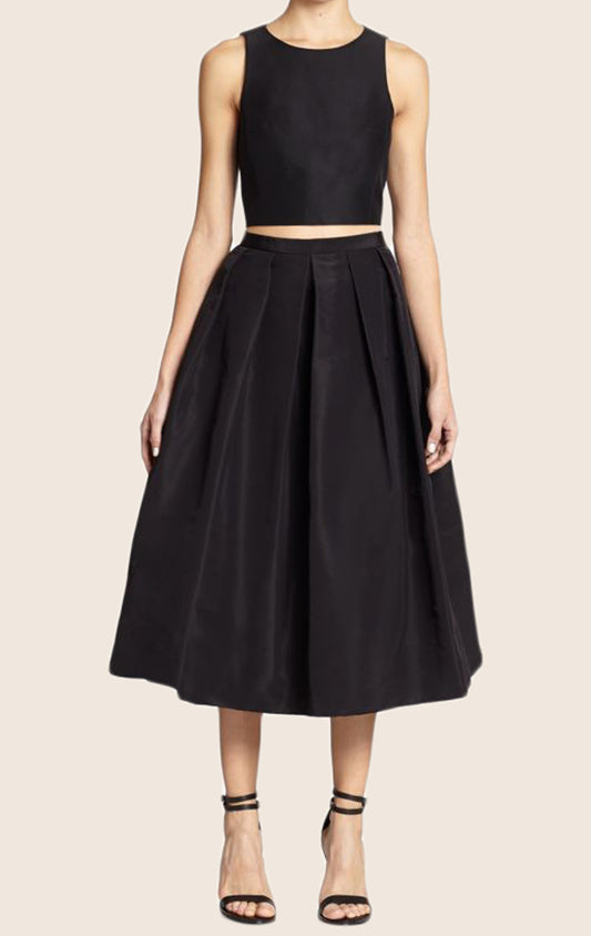 MACloth Two Piece Satin Cocktail Dress Black Midi Formal Party Gown