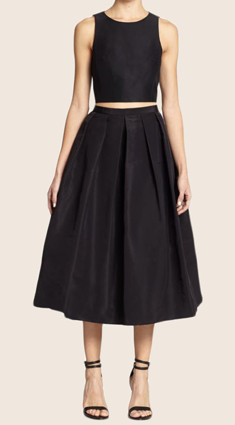 MACloth Two Piece Satin Cocktail Dress Black Midi Formal Party Gown