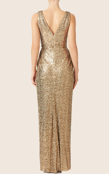 MACloth Straps V Neck Sequin Long Bridesmaid Dress Gold Formal Gown