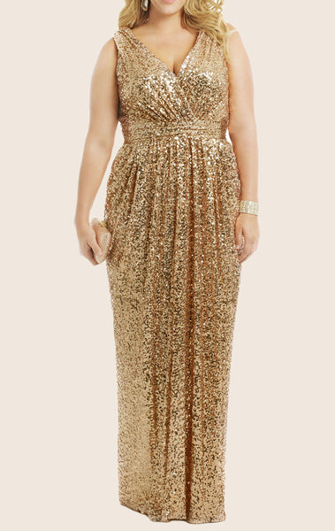 MACloth Straps V Neck Sequin Long Bridesmaid Dress Gold Formal Gown