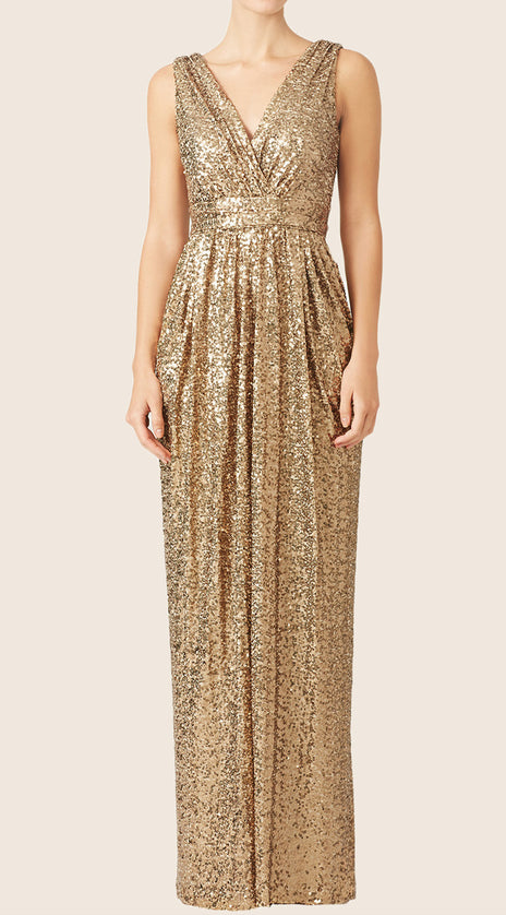 MACloth Straps V Neck Sequin Long Bridesmaid Dress Gold Formal Gown