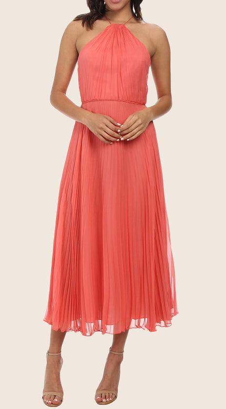 MACloth Halter Tea Length Chiffon Cocktail Dress Midi Formal Gown