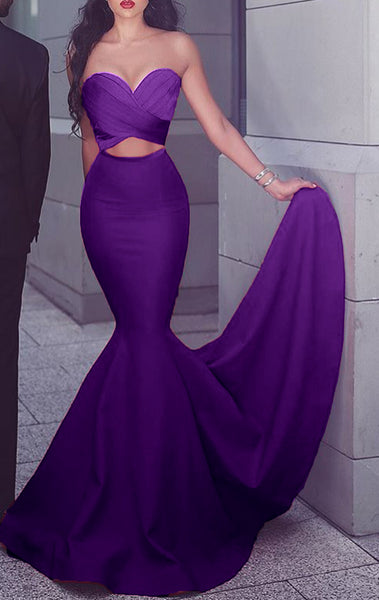 MACloth Mermaid Strapless Satin Long Prom Dress Red Formal Gown Cut out