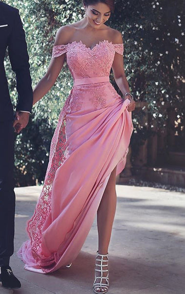MACloth Off the Shoulder Lace Jersey Long Prom Dress Pink Formal Gown