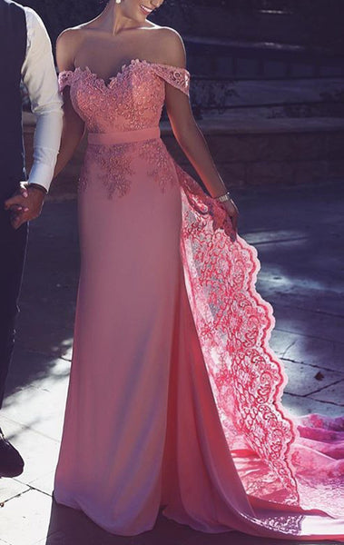 MACloth Off the Shoulder Lace Jersey Long Prom Dress Pink Formal Gown