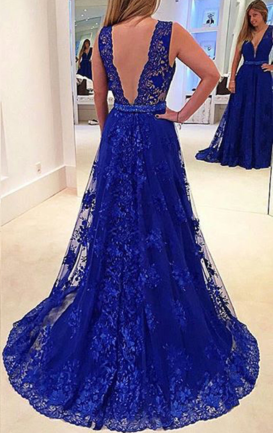 MACloth Träger V-Ausschnitt Spitze Langes Ballkleid Königsblau Abendkleid