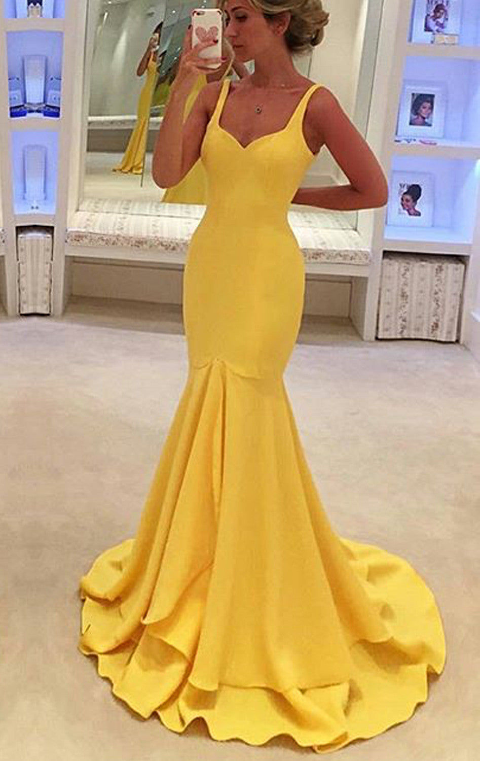 MACloth Mermaid Straps V Neck Tiered Maxi Prom Dress Yellow Jersey Formal Gown Custom Color / Above Knee / US8 MACloth Mermaid Straps V Neck Tiered Maxi Prom Dress Yellow Jersey Formal Gown Custom Color / Above Knee / US8