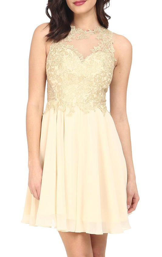 Vestido corto de fiesta de graduación con cuello redondo de gasa y encaje de MACloth, vestido formal color champán