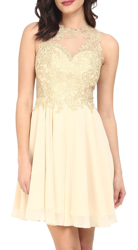 MACloth O Neck Chiffon Lace Mini Prom Homecoming Dress Champagne Formal Gown