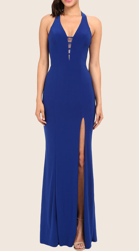 MACloth Mermaid Halter V Neck Long Prom Dress Royal Blue Formal Gown