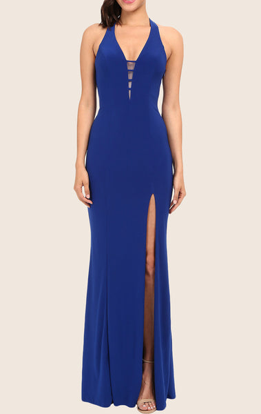 MACloth Mermaid Halter V Neck Long Prom Dress Royal Blue Formal Gown