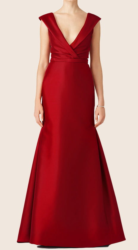 MACloth Mermaid Straps V Neck Satin Red Evening Gown Simple Prom Dress