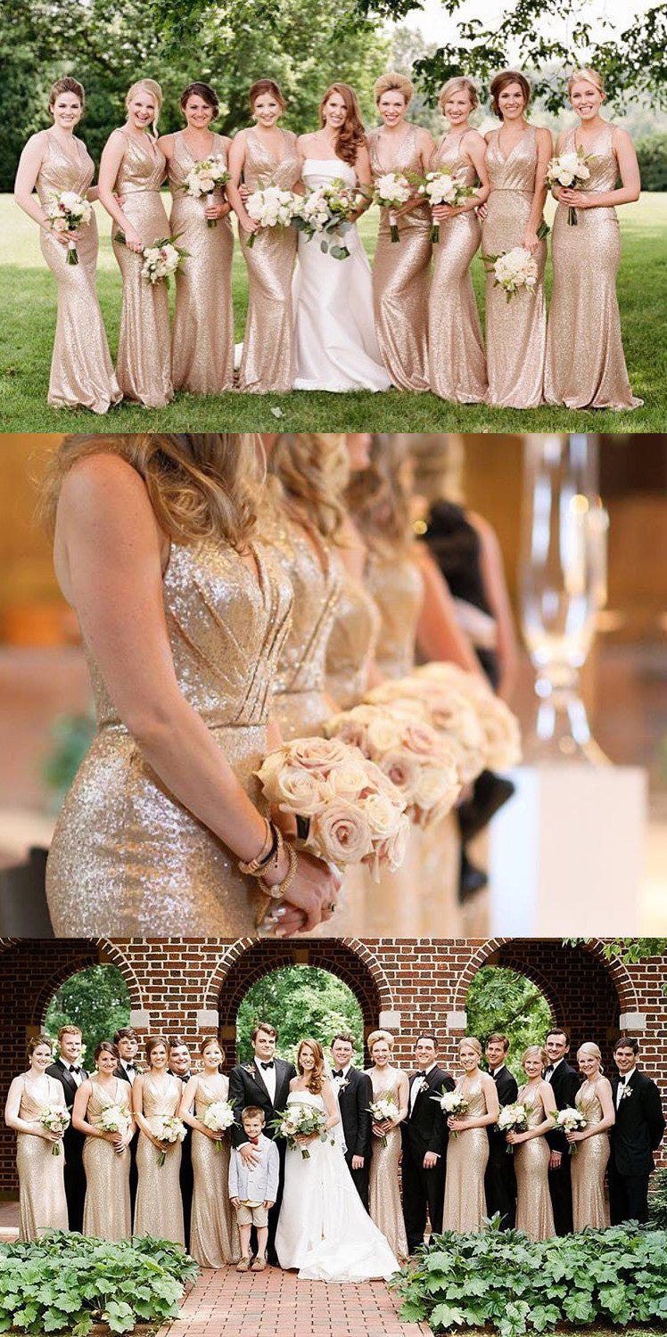 Vestido de dama de honor largo con escote en V y lentejuelas de MACloth, vestido de noche formal