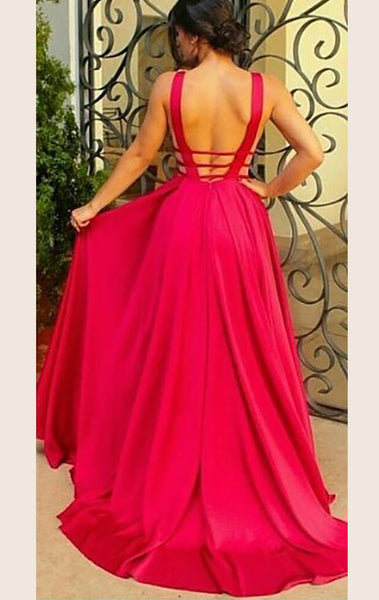 MACloth Straps V Neck Satin Ball Gown Long Prom Dress Red Formal Gown