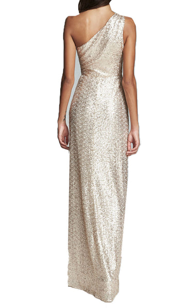 MACloth One Shoulder Sequin Long Prom Dress Champagne Formal Evening Gown