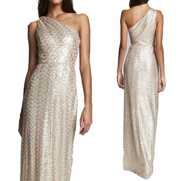 MACloth Langes Ballkleid mit One-Shoulder-Träger und Pailletten in Champagner