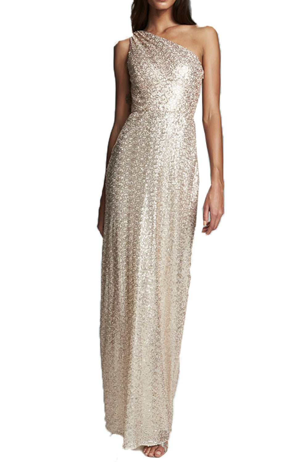 MACloth Langes Ballkleid mit One-Shoulder-Träger und Pailletten in Champagner