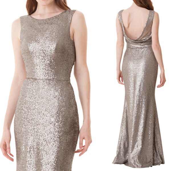 Vestido de dama de honor largo con lentejuelas y cuello redondo de MACloth, vestido de noche formal gris