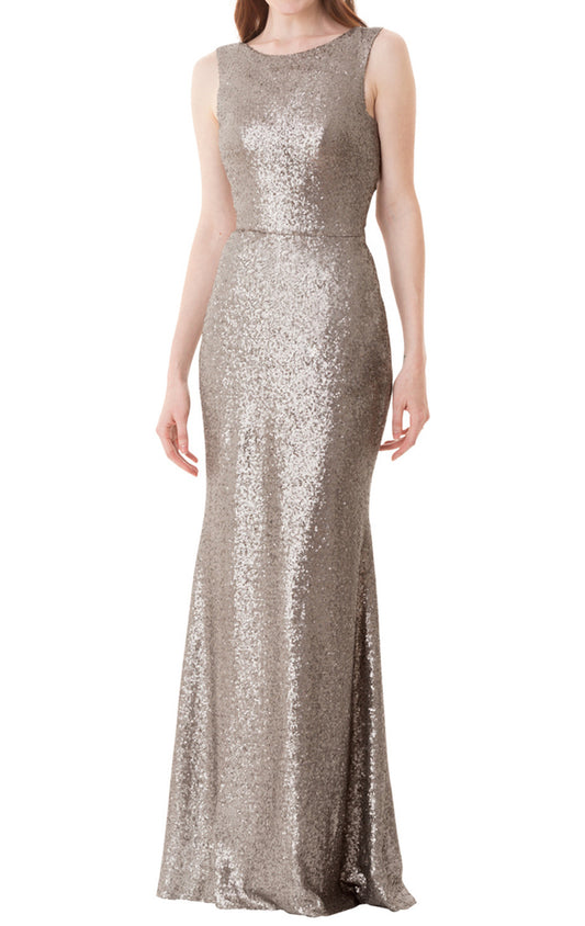 Vestido de dama de honor largo con lentejuelas y cuello redondo de MACloth, vestido de noche formal gris