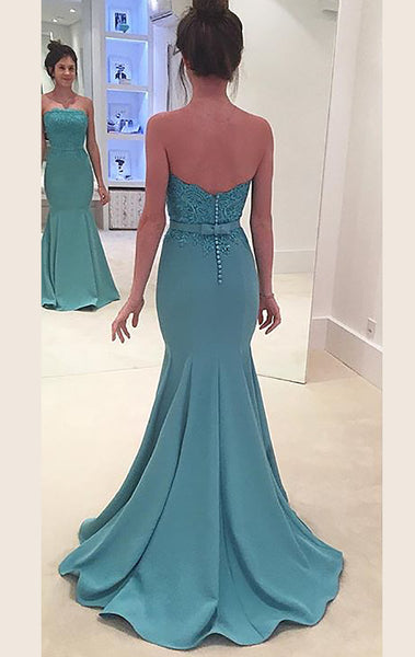 MACloth Mermaid Strapless Lace Jersey Long Prom Dress Formal Gown