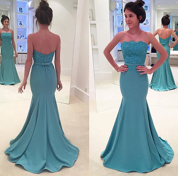 MACloth Mermaid Strapless Lace Jersey Long Prom Dress Formal Gown