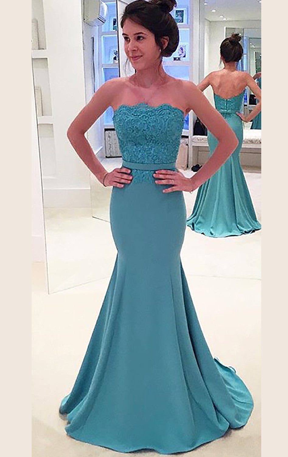 Vestido de fiesta largo de jersey de encaje sin tirantes y sirena de MACloth