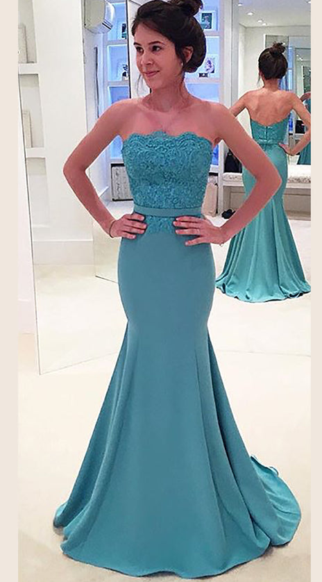 MACloth Mermaid Strapless Lace Jersey Long Prom Dress Formal Gown