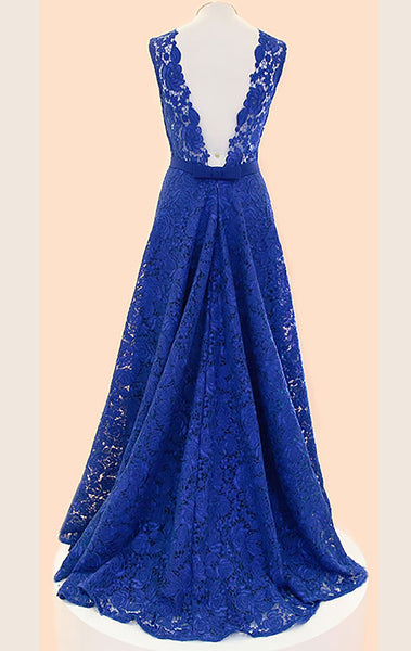 MACloth Straps V neck Lace Maxi Prom Dress Royal Blue Formal Gown